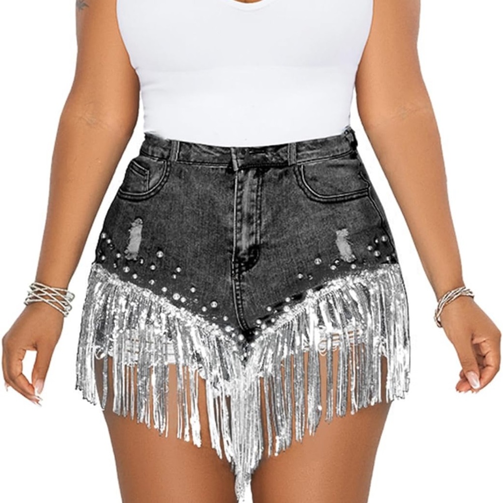 *Beyonce Renaissance Inspired* Women’s Rhinestone Pearl Beaded Denim Shorts